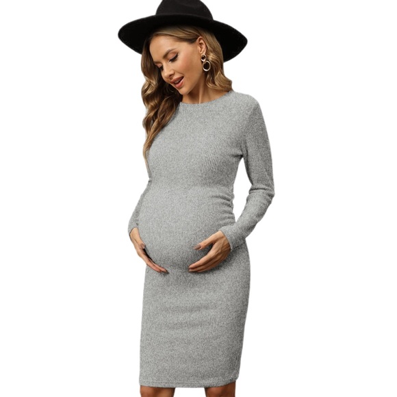 NWT Gray Knit Ribbed Long Sleeve Bodycon Maternity Dress W/ Ruched Sides - MED - Picture 1 of 7